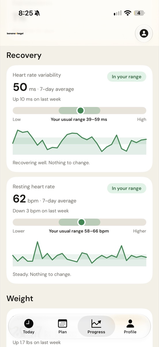 Banana Bagel Progress tab showing heart rate variability and resting heart rate against a personal range