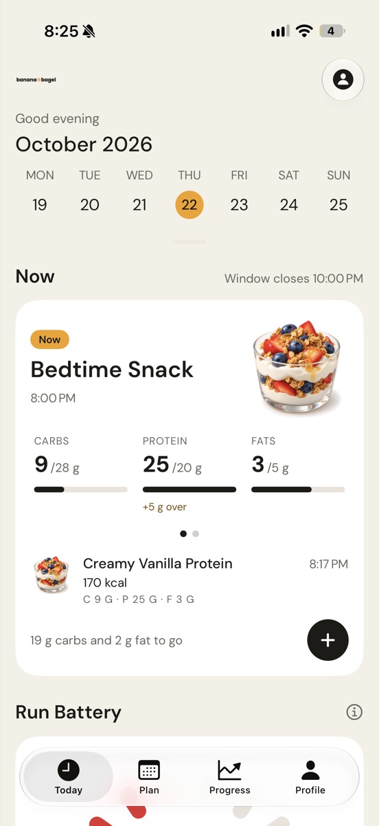 Banana Bagel Today tab showing a Bedtime Snack window with carb, protein, and fat targets
